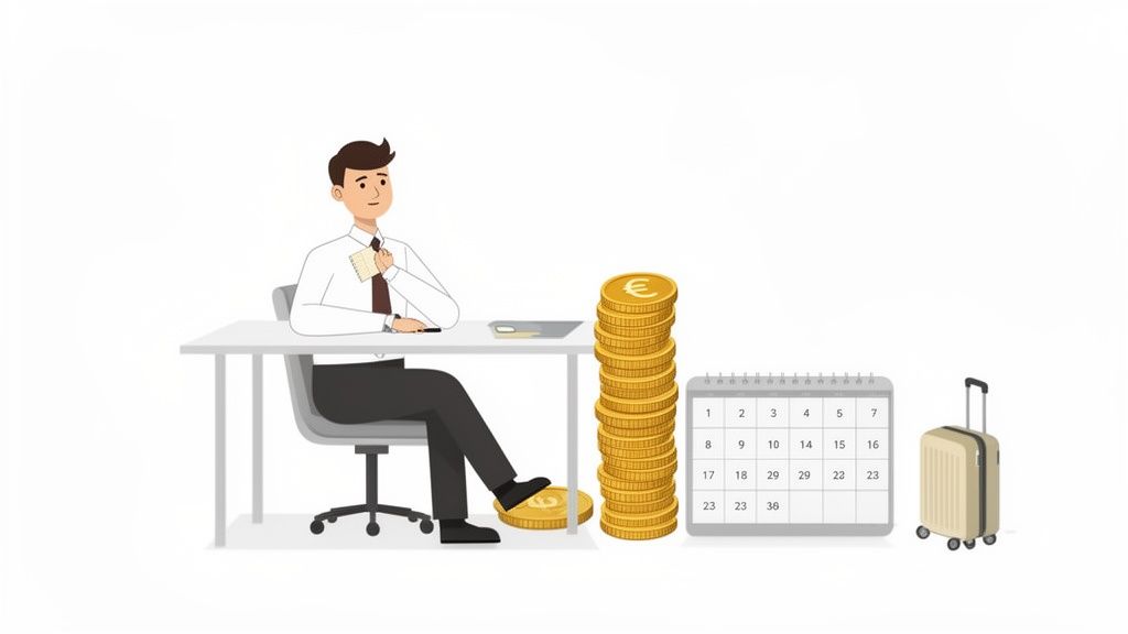 Man berekent vakantiegeld bij bureau met stapel euromunten, kalender en koffer.