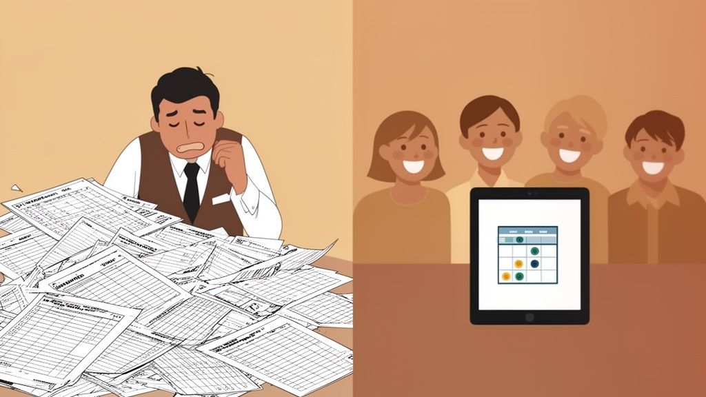 Un homme stressé face à des piles de papier, contrastant avec une équipe souriante utilisant une tablette numérique.