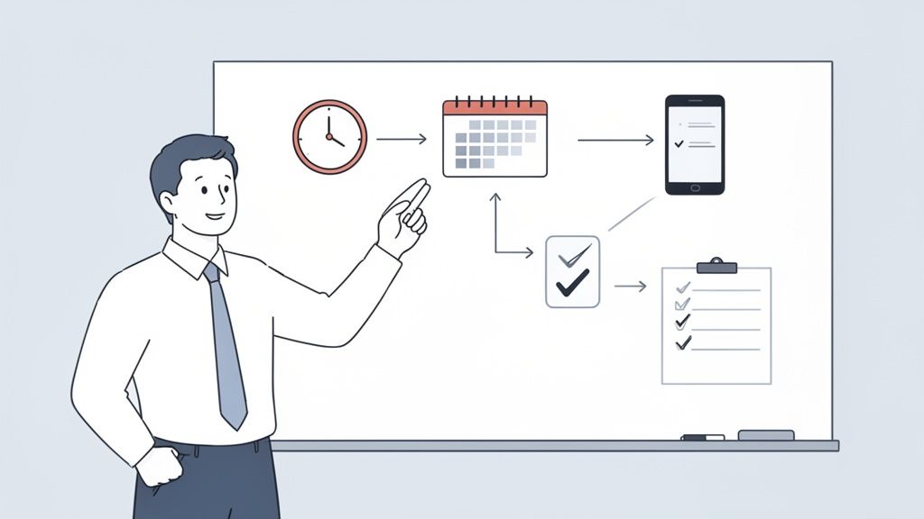 Un homme d'affaires présente un schéma sur un tableau blanc, illustrant la gestion du temps et des tâches avec un calendrier et un smartphone.
