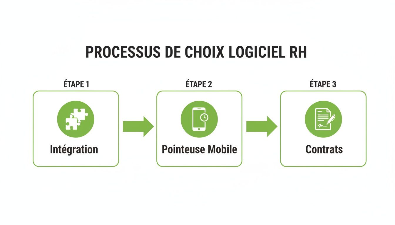 Infographie simple illustrant le processus de choix d'un logiciel RH en trois étapes clés : Intégration, Pointeuse Mobile, Contrats.