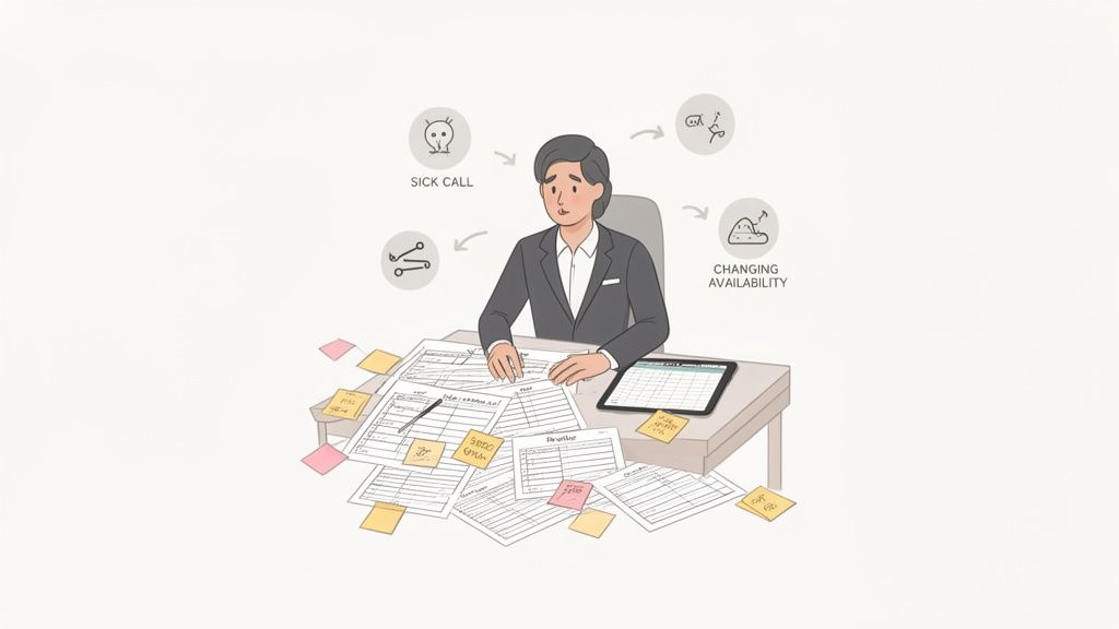 Gestresst persoon achter een rommelig bureau vol papieren roosters, omringd door iconen voor ziekteverzuim en veranderende beschikbaarheid.