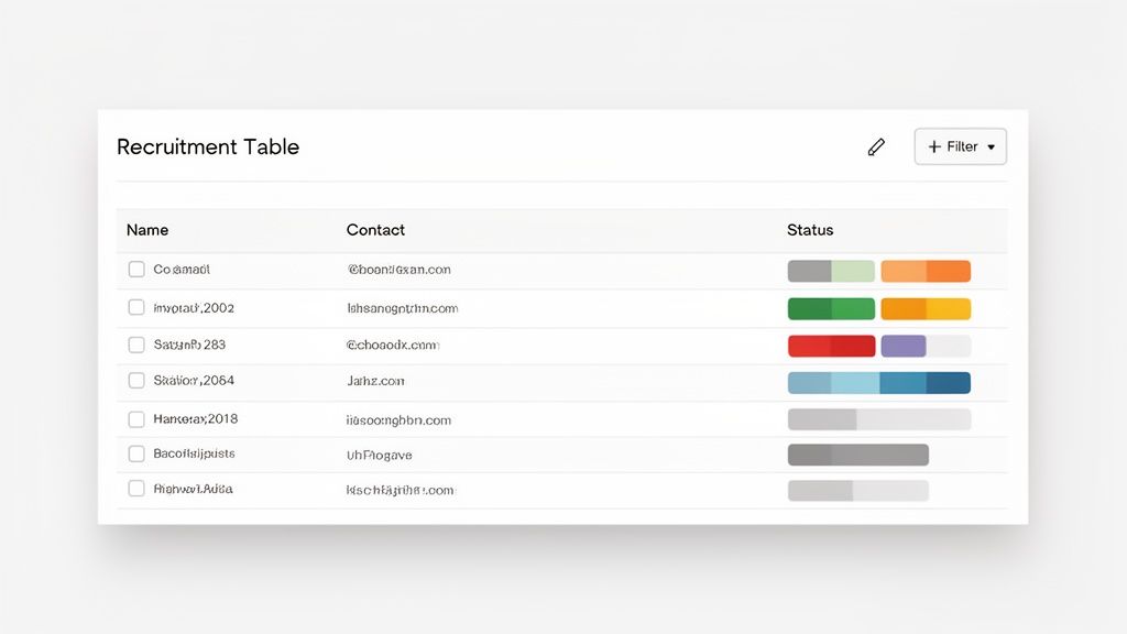 Tableau de recrutement affichant des candidats avec leurs contacts et le statut de leur candidature, représenté par des barres colorées.