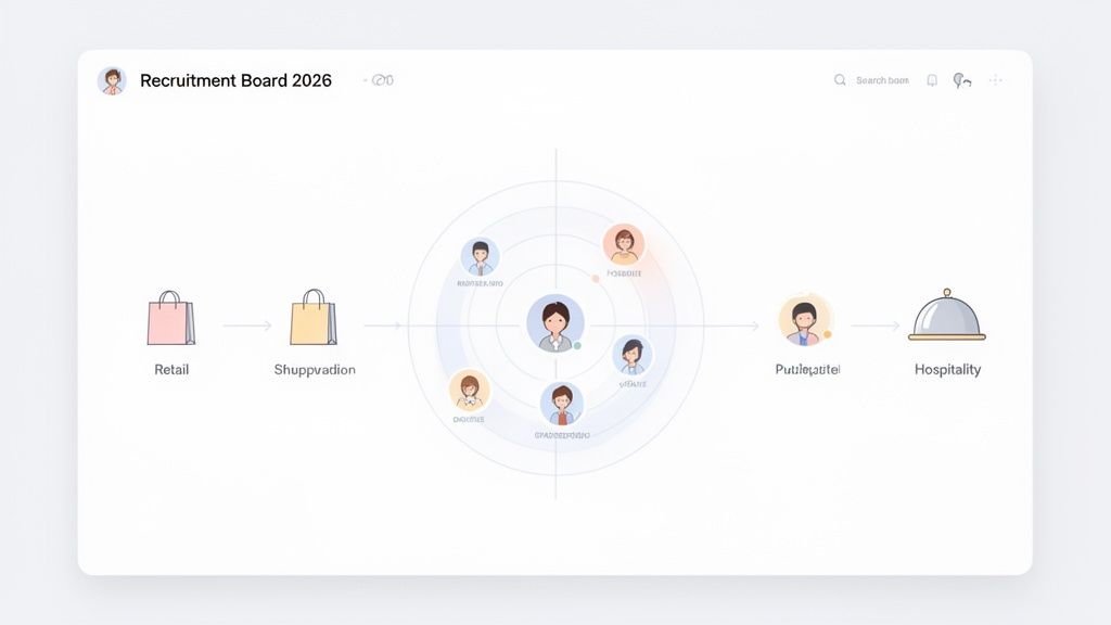 Diagramme d'un tableau de recrutement 2026 montrant le flux de carrières du commerce de détail à l'hôtellerie avec des profils d'employés.