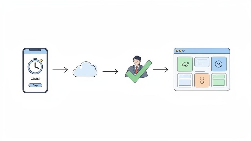Flux de données RH : de l'application mobile au cloud, validation et tableau de bord analytique.