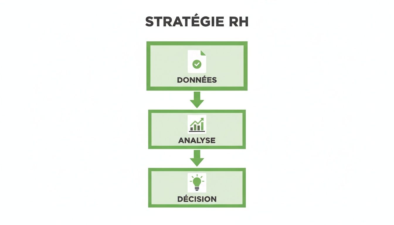 Un diagramme de stratégie RH montrant les étapes de données, analyse et décision pour l'optimisation des ressources humaines.