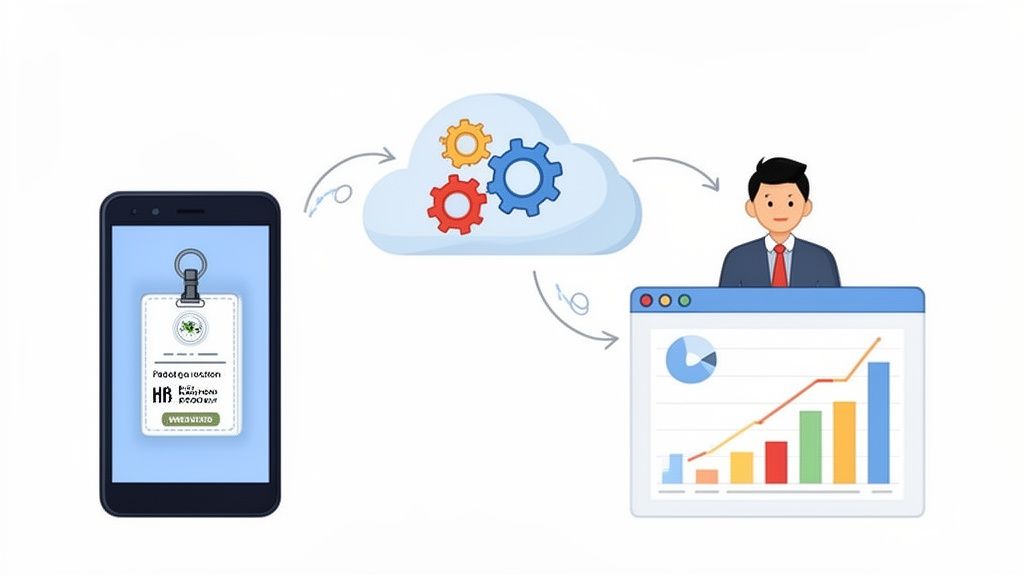 Système de gestion RH: badge numérique mobile, traitement cloud et tableau de bord d'analyse de données.