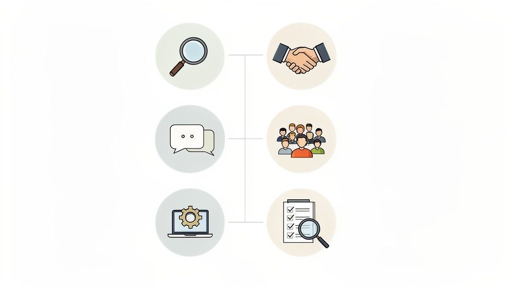 Een infographic met zes iconen die zakelijke processen of workflows symboliseren: zoeken, communiceren, technologie, samenwerking, team en analyse.