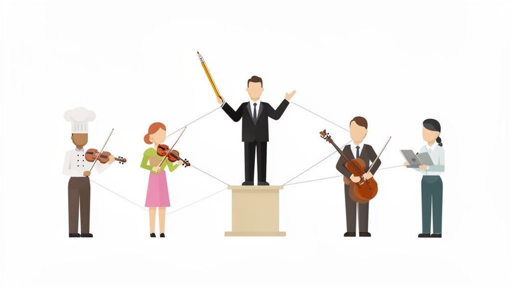 Un chef d'orchestre dirige divers professionnels (chef, musiciens, administratrice) symbolisant la coordination d'équipe.