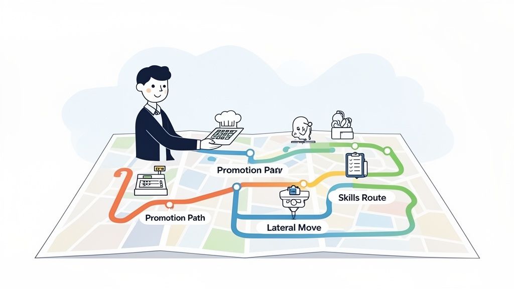 Un homme sur une carte symbolisant des parcours de carrière variés : promotion, transfert latéral et développement de compétences.