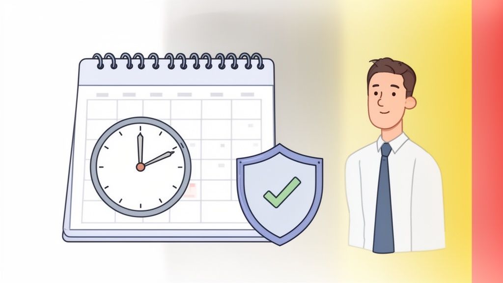 Illustratie van een man, kalender, klok en schild met vinkje, wat tijdbeheer en veiligheid symboliseert.