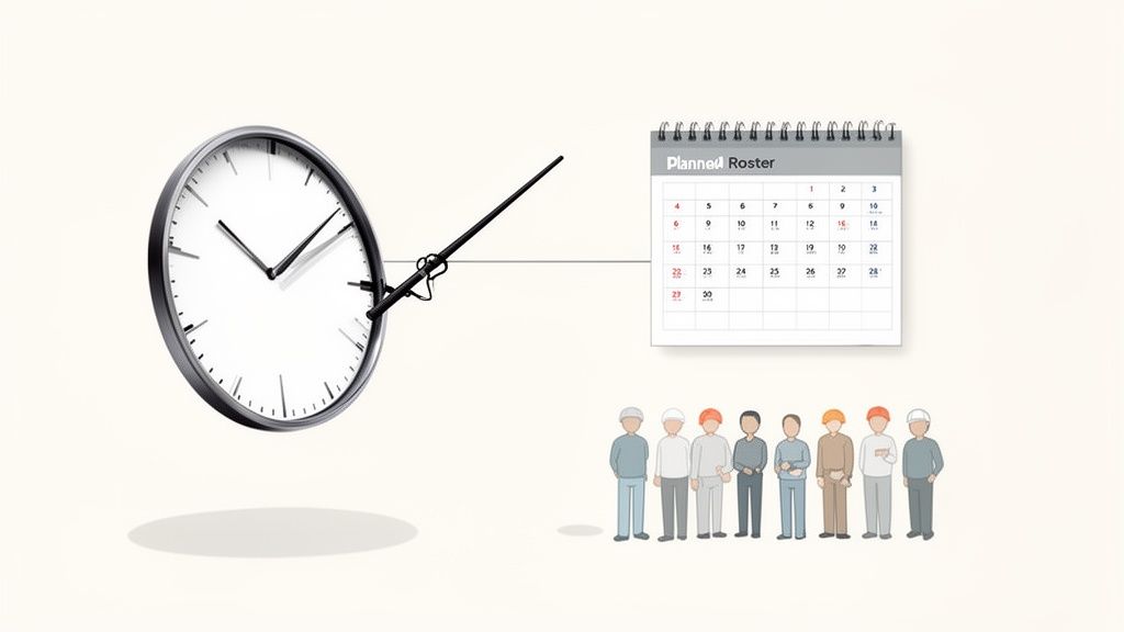 Een klok, kalender met 'Planned Roster' en rij bouwvakkers, symboliseert tijd en personeelsplanning.
