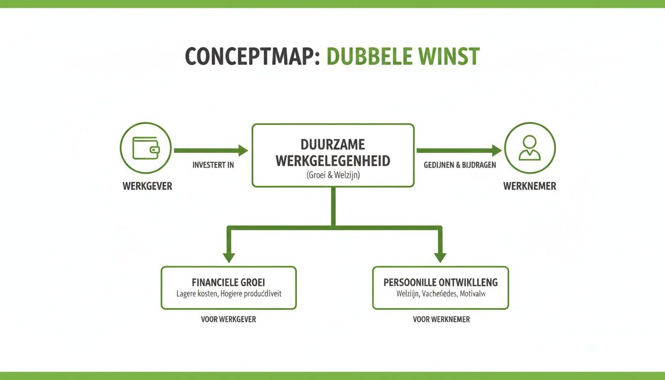 Conceptmap die de dubbele winst van duurzame werkgelegenheid toont voor werkgevers en werknemers.