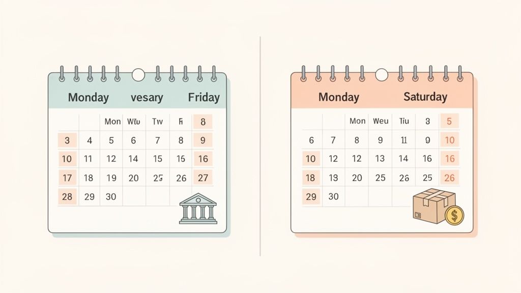 Deux calendriers colorés affichant des jours de la semaine et des dates. Le calendrier de gauche indique les jours bancaires, celui de droite les livraisons.