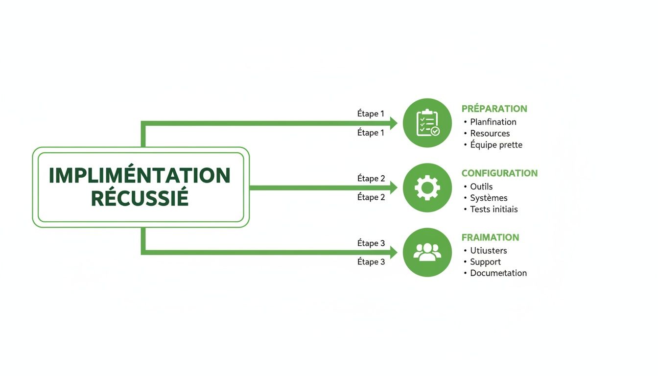 Diagramme illustrant les trois étapes clés d'une implémentation réussie : préparation, configuration et formation.