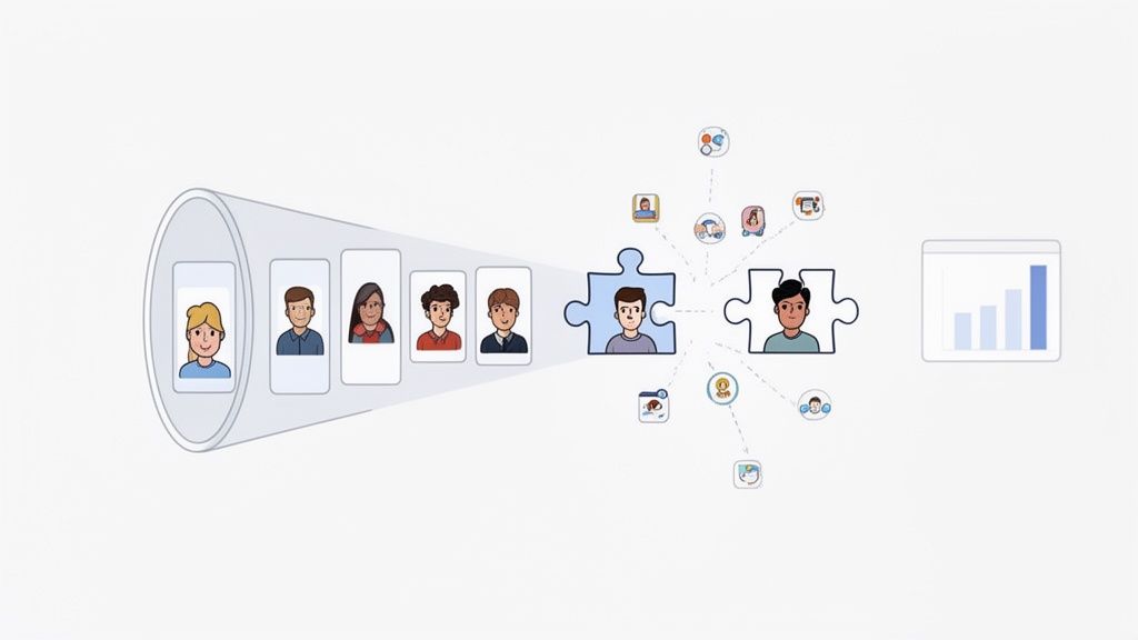 Un entonnoir filtre des profils d'utilisateurs divers, connectés à des données pour analyse et optimisation.