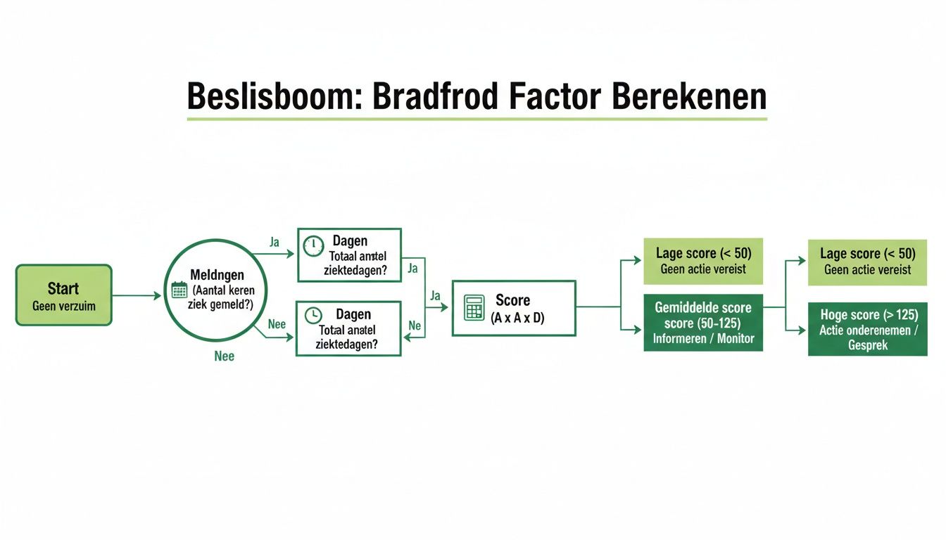 Flowchart voor het berekenen van de Bradford Factor voor ziekteverzuim, inclusief actiepunten.