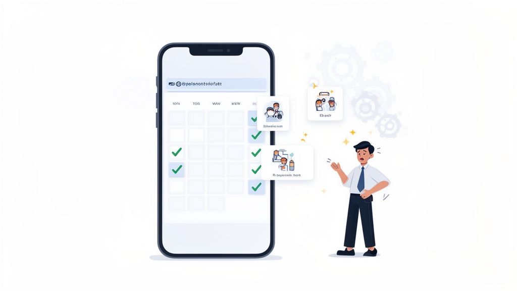 Illustratie van een mobiele app met kalender en vinkjes voor taakbeheer, met een gestreste man ernaast.