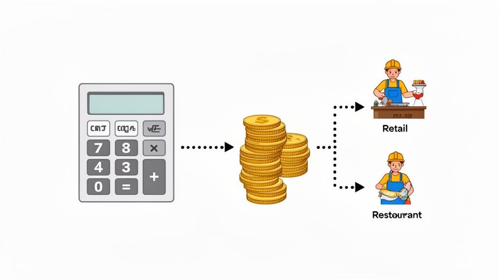 Une calculatrice mène à des piles de pièces d'or, divisées vers la vente au détail et les restaurants.