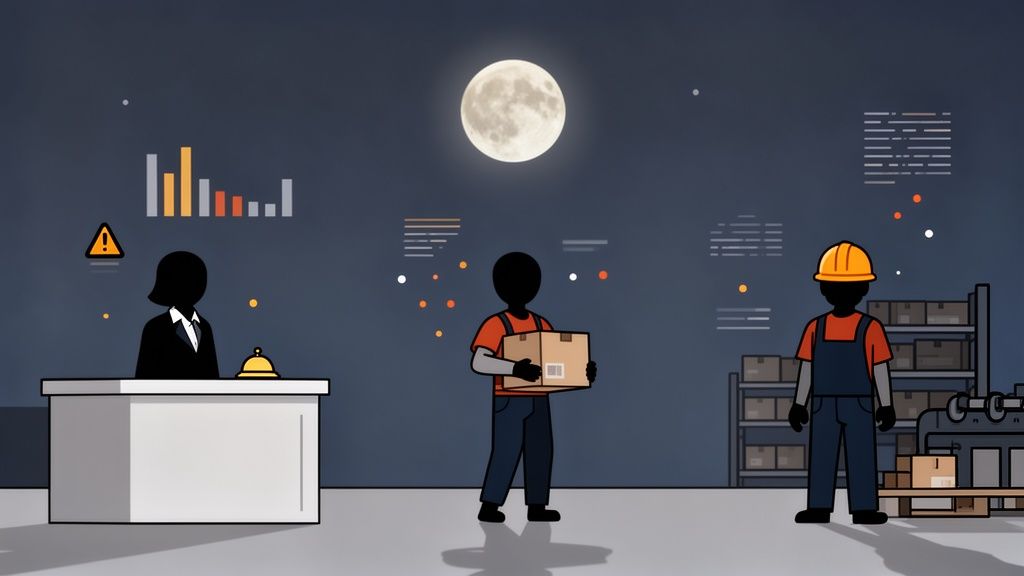 Illustration de travailleurs de nuit dans un entrepôt, avec des graphiques de données et la lune.