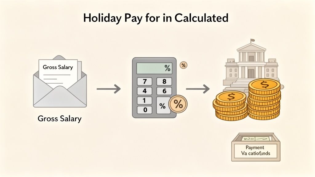 Een schematische weergave van de berekening van vakantiegeld vanuit bruto salaris naar vakantiefondsen.