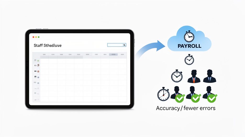 Een tablet toont een personeelsrooster dat leidt tot nauwkeurigere salarisadministratie en minder fouten in de loonberekening.