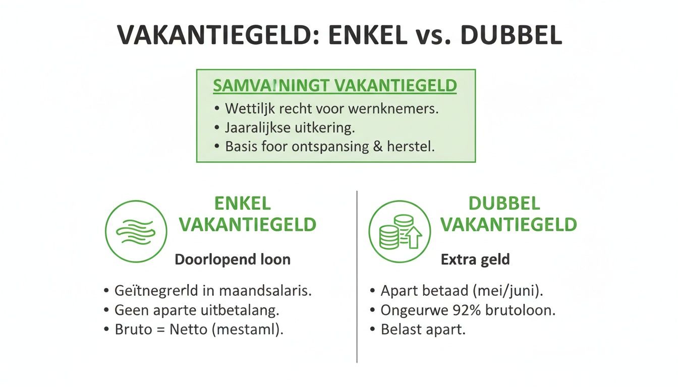 Visuele uitleg over het verschil tussen enkel en dubbel vakantiegeld, met kenmerken en details.