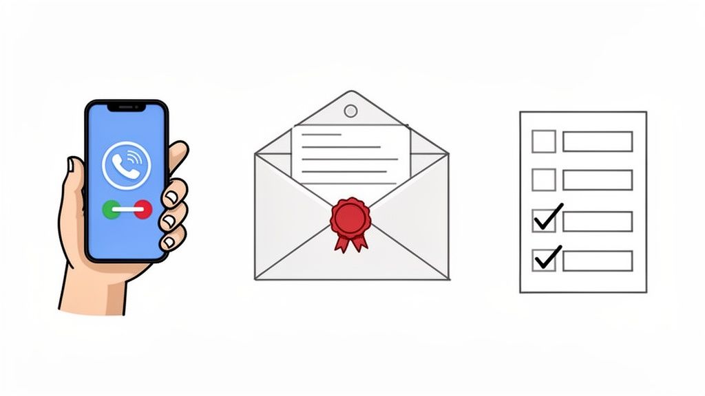 Illustration montrant une main tenant un téléphone, une lettre scellée et une liste de contrôle cochée.