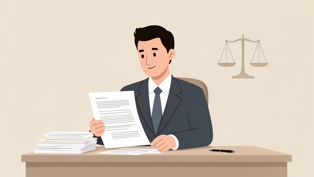 Un avocat souriant tient un document à son bureau, avec des dossiers et une balance de justice.