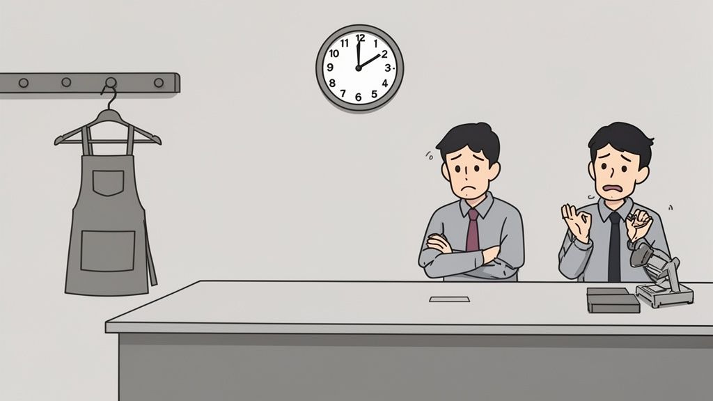 Deux hommes d'affaires inquiets à leur bureau, avec une horloge indiquant midi et cinq, et un tablier accroché.