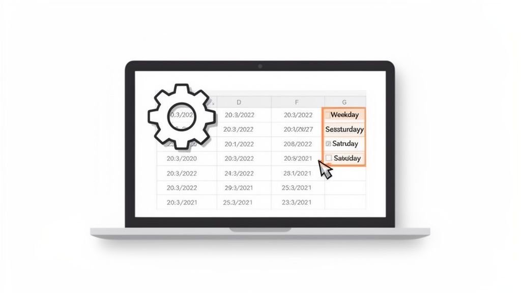 Un ordinateur portable affichant un tableur avec des dates et des options de sélection de jours, une case samedi est décochée.