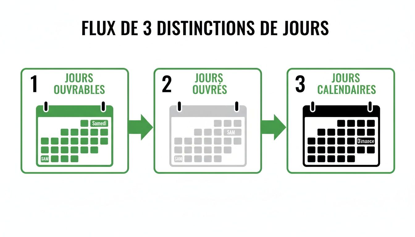 Infographie illustrant le flux des jours ouvrables, jours ouvrés et jours calendaires avec des calendriers.