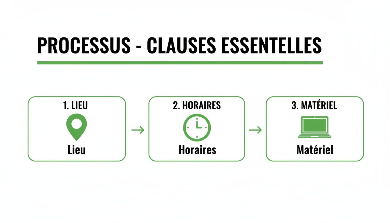 Infographie des clauses essentielles d'un processus: lieu, horaires et matériel, illustrée par des icônes vertes.