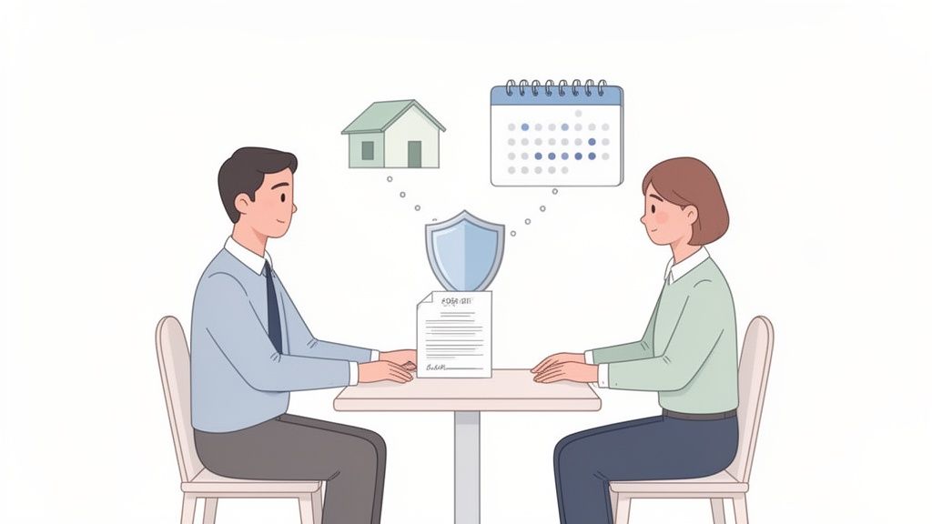 Deux personnes discutant un contrat d'assurance ou immobilier, avec une maison, un calendrier et un bouclier.