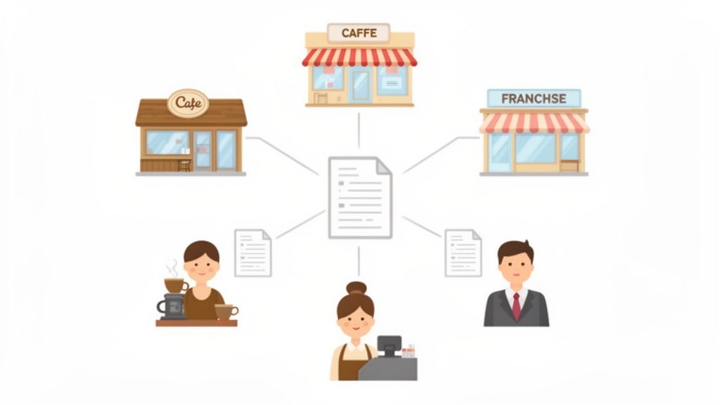 Illustratie van een centraal document dat verbonden is met drie soorten cafés/bedrijven en drie personen die ermee werken.