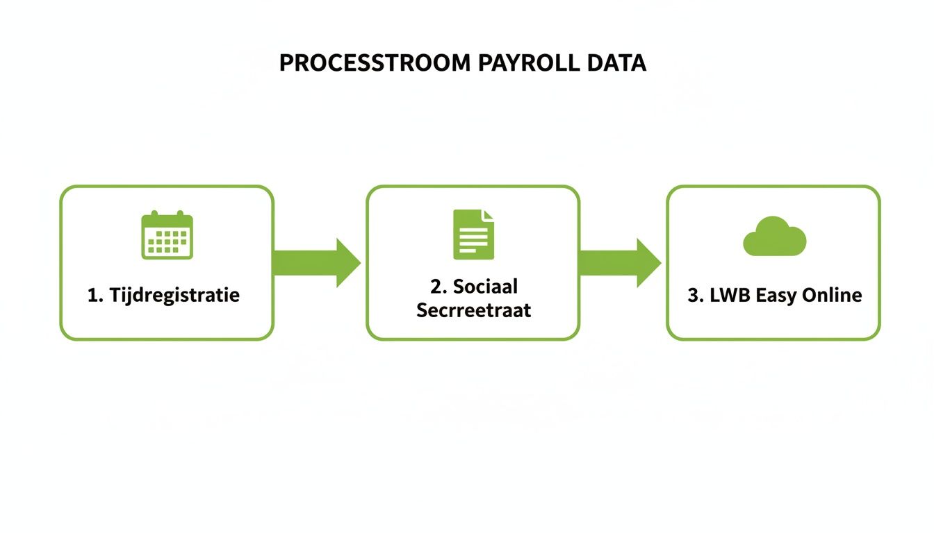 Processtroomdiagram van payroll data met stappen tijdregistratie, sociaal secretariaat en LWB Easy Online.