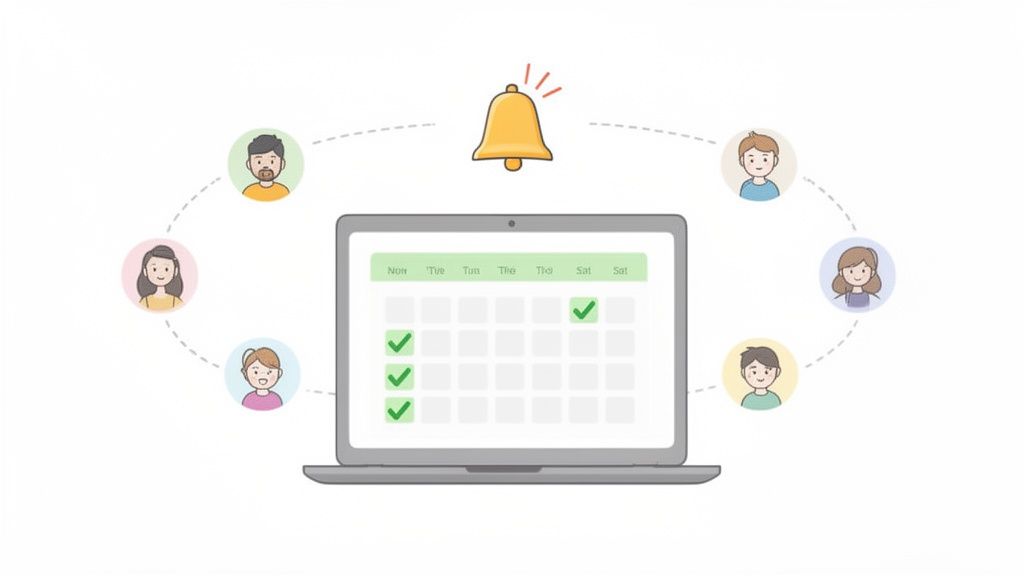 Ordinateur portable affichant un calendrier avec des tâches terminées, entouré d'avatars de personnes et d'une cloche de notification.