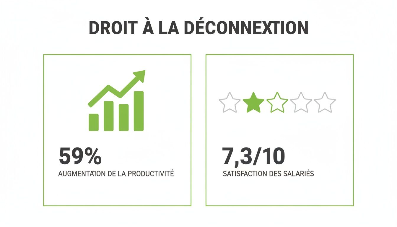 Infographie illustrant les bénéfices du droit à la déconnexion: 59% d'augmentation de productivité et 7,3/10 de satisfaction.