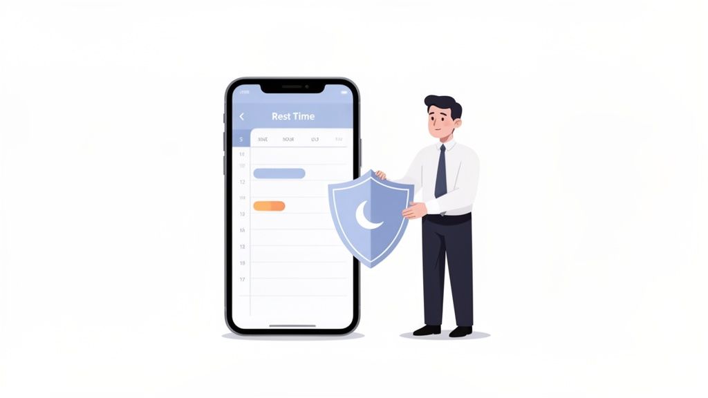 Un homme protège son temps de repos sur smartphone avec un bouclier, symbolisant le droit à la déconnexion.