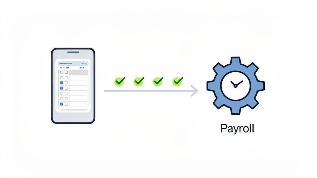 Een mobiele app toont afgevinkte taken die via een reeks controles naar de loonverwerking leiden.