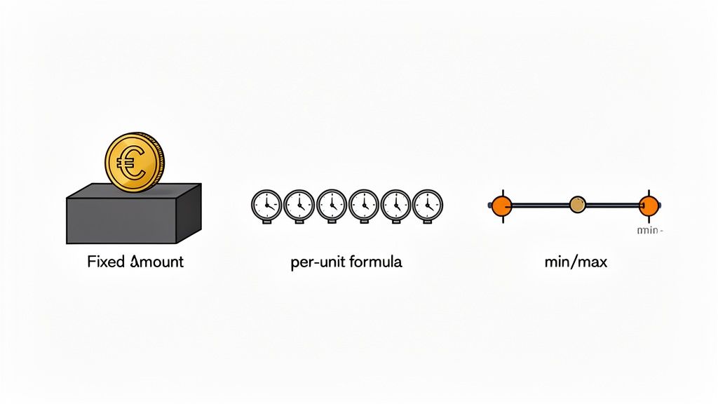 Drie methoden voor prijsbepaling: een vast bedrag (Euromunt), een formule per eenheid (klokken) en een minimum/maximumbereik.