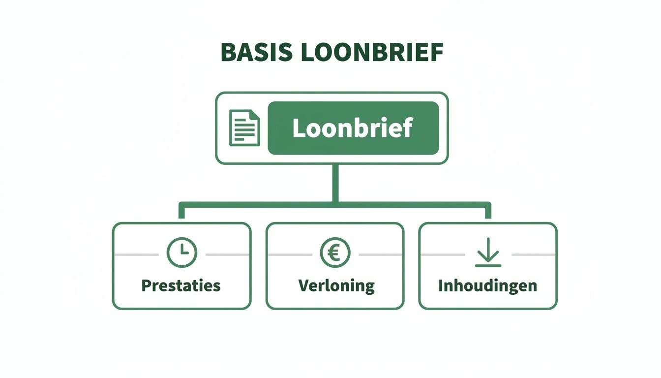 Een diagram toont de basis van een loonbrief, met de onderdelen prestaties, verloning en inhoudingen.
