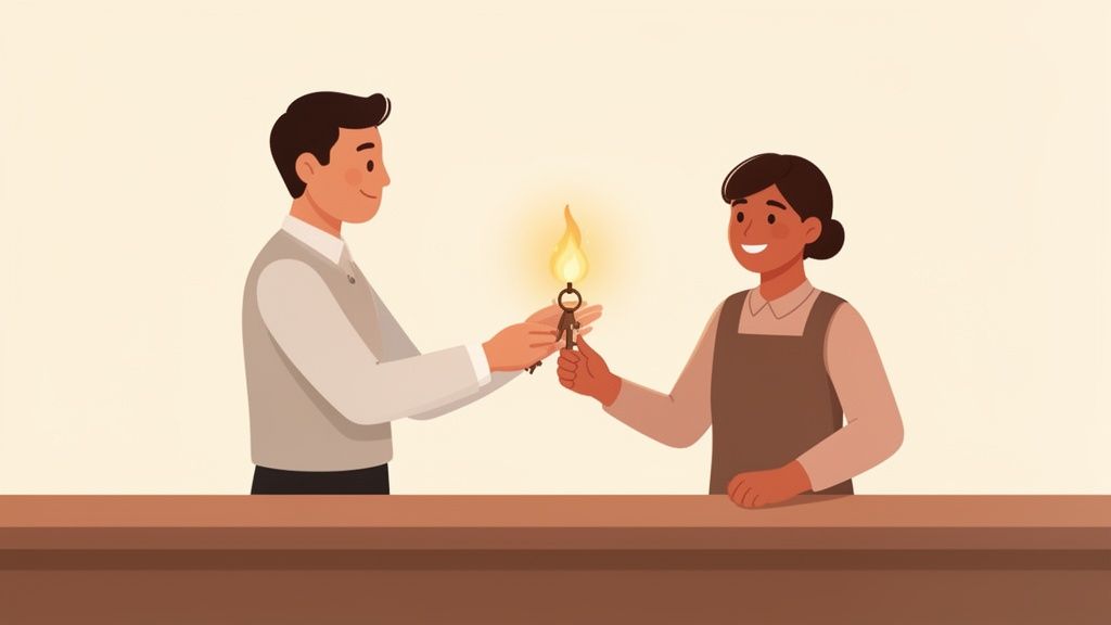 Un homme souriant tend une clé lumineuse à une femme souriante, symbolisant le transfert de responsabilités.
