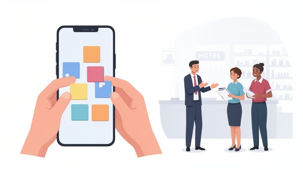 Des mains interagissent avec une application mobile, tandis que trois personnes discutent dans un environnement professionnel.