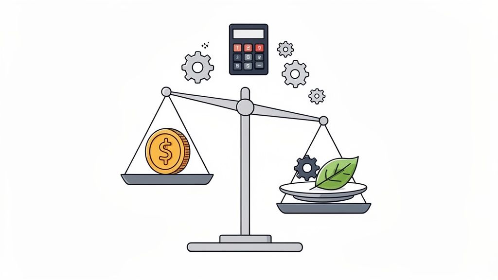 Balance entre l'argent et l'environnement, avec des engrenages et une calculatrice symbolisant le calcul financier et écologique.