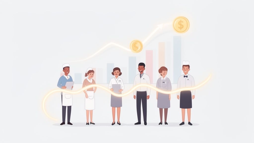 Un groupe de professionnels divers (chef, personnel médical, serveur) devant un graphique financier de croissance avec des pièces d'or.