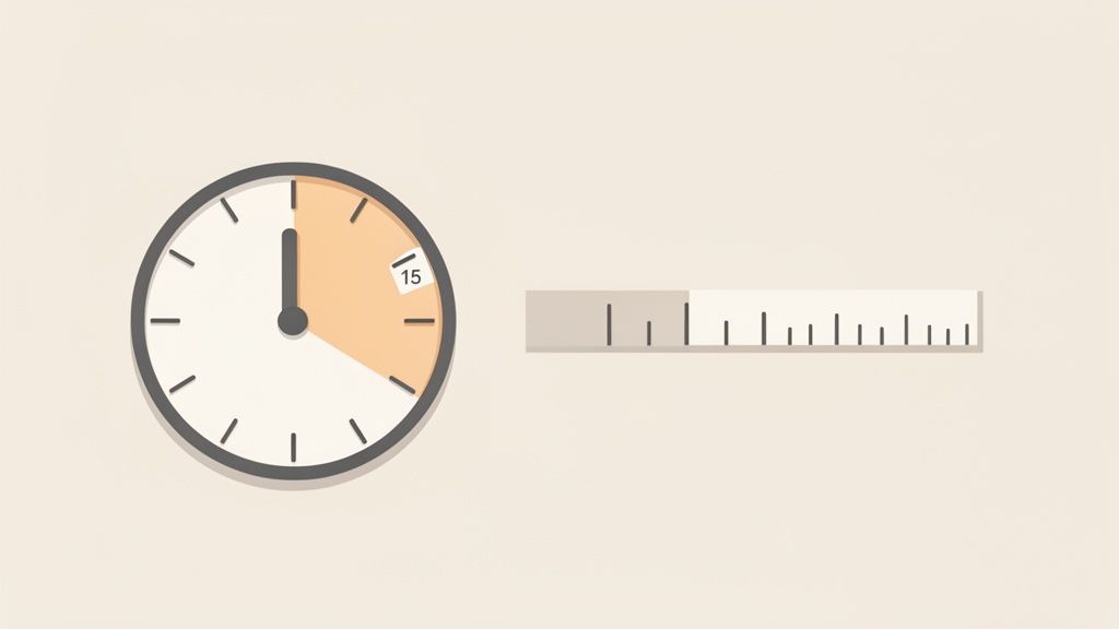 Een klok die vijftien minuten aangeeft met een oranje vlak, naast een horizontale voortgangsbalk.