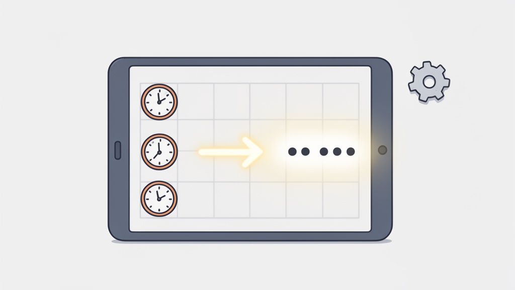 Een tablet met klokken, een gloeiende pijl en stippen, wat een tijdconversieproces en instellingen voorstelt.