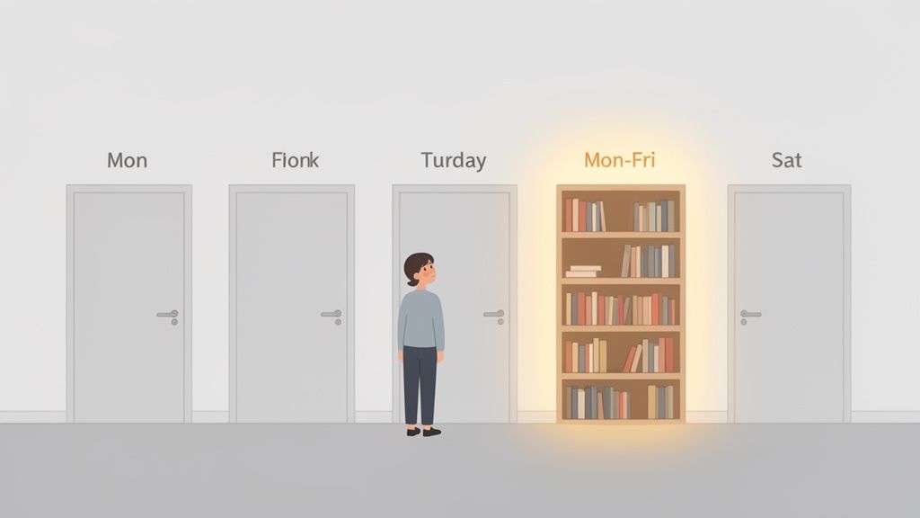 Une personne regarde une étagère à livres lumineuse « Lun-Ven » entre des portes étiquetées. Cela illustre les jours de la semaine.