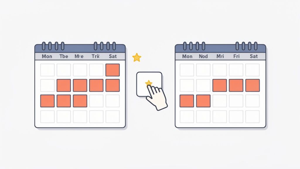 Une main clique sur une étoile entre deux calendriers, montrant des jours sélectionnés pour la planification.