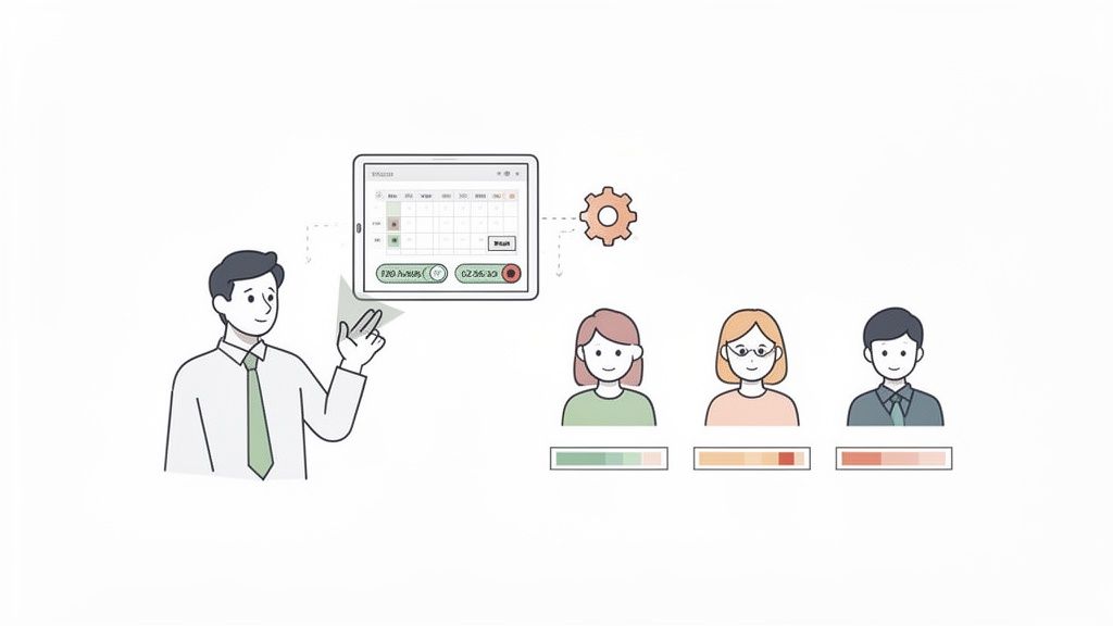 Un homme explique un système de planification de tâches sur tablette à une équipe, avec des indicateurs de progression.